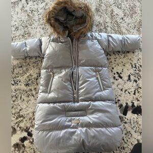 Infant Silver Puffer Jacket Snowsuit with Faux Fur Hood